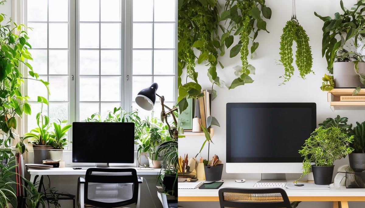 A split image showing a cluttered, uninspiring workspace transformed into an organized, plant-filled, and inviting home office