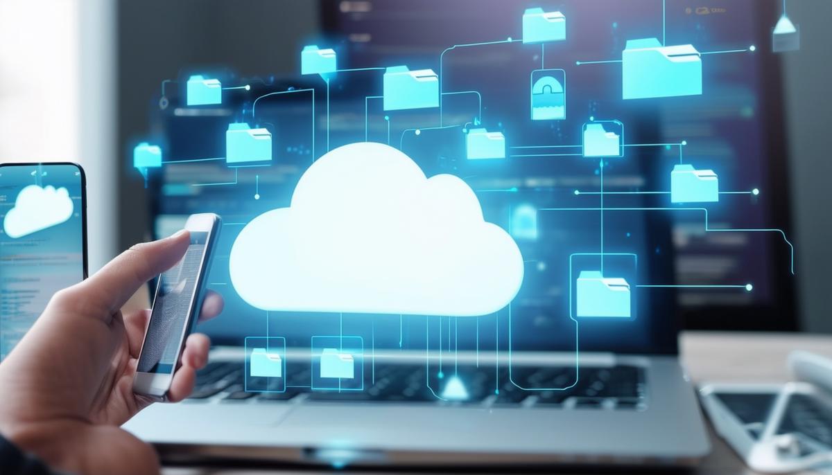 A person accessing cloud storage files on multiple devices, including a smartphone, tablet, and laptop