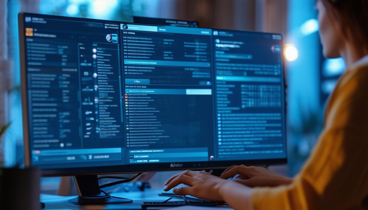 A person optimizing their computer settings, with multiple open windows showing system diagnostics and cleanup tools