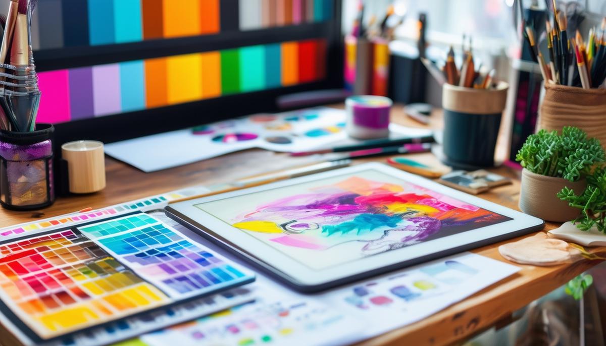 A graphic designer's vibrant workspace with digital drawing tablet, color swatches, and creative designs on display