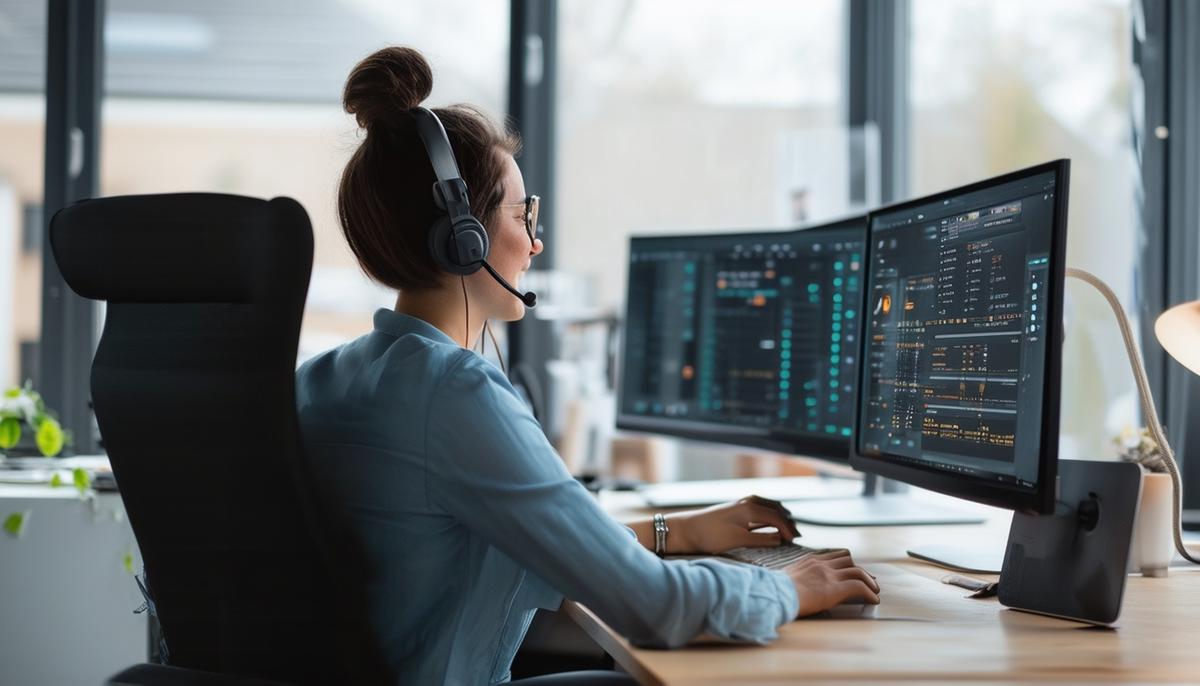 A customer service specialist working from a home office setup with multiple screens and communication devices