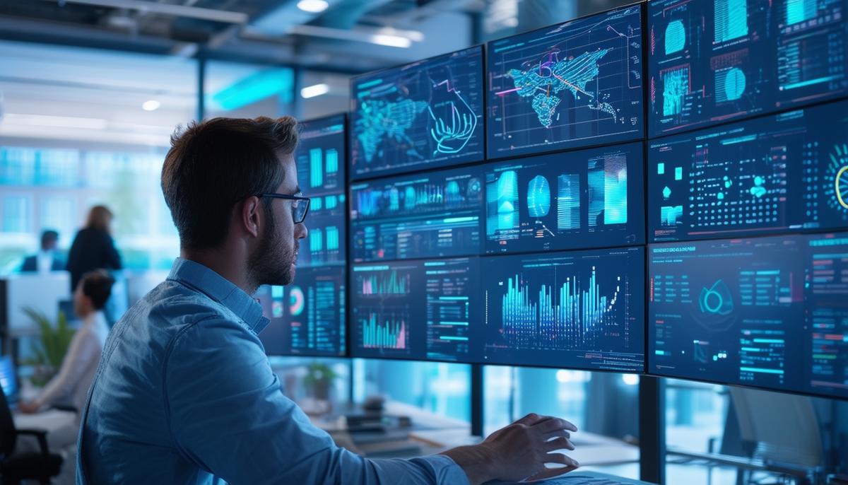 A data scientist analyzing complex visualizations and graphs on large screens in a high-tech office environment