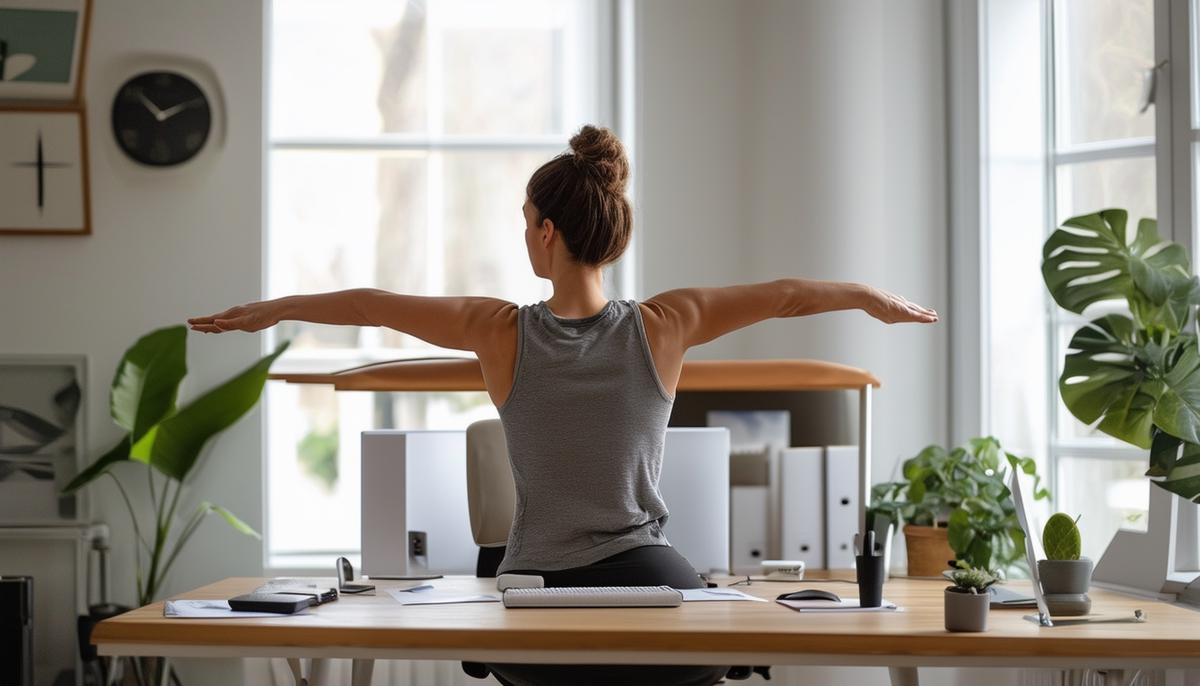 A person demonstrating various desk exercises in a home office setting