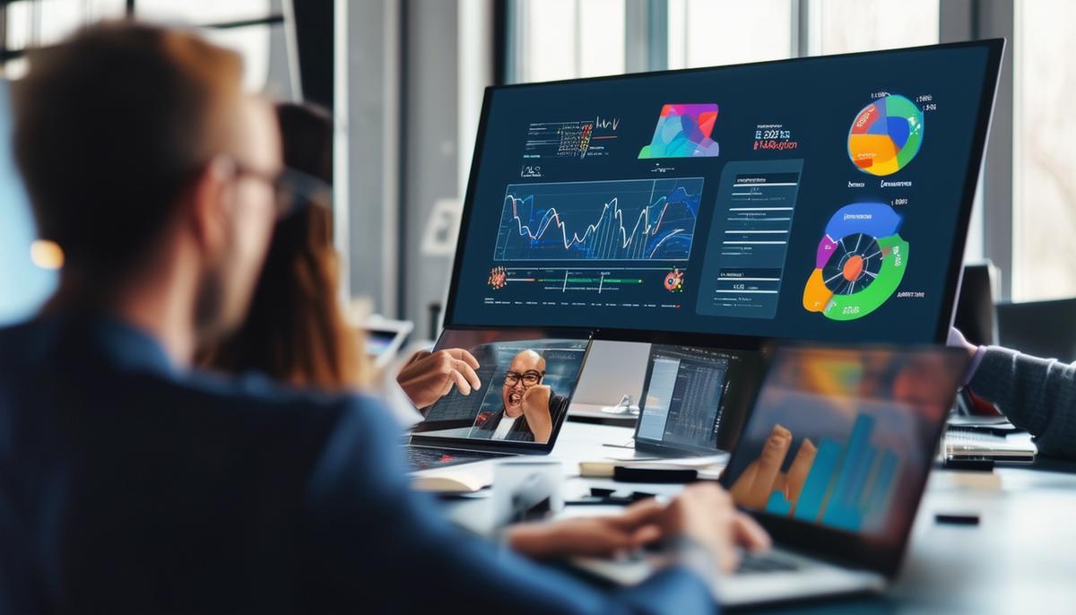 A virtual team meeting of digital marketers discussing strategy with analytics and social media graphics visible