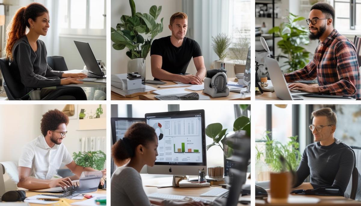 A collage of various specialized remote professionals including a personal trainer, translator, and financial planner in their home office setups