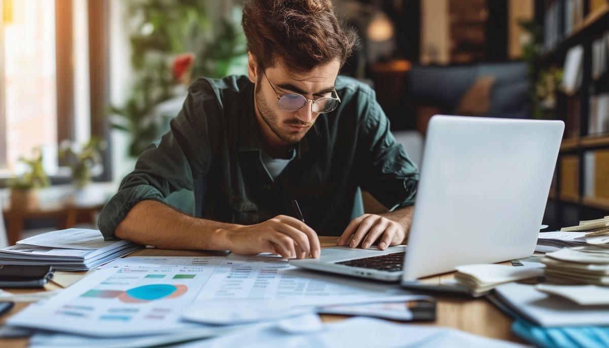 A focused freelancer working on multiple projects, surrounded by a calendar, laptop, and financial documents