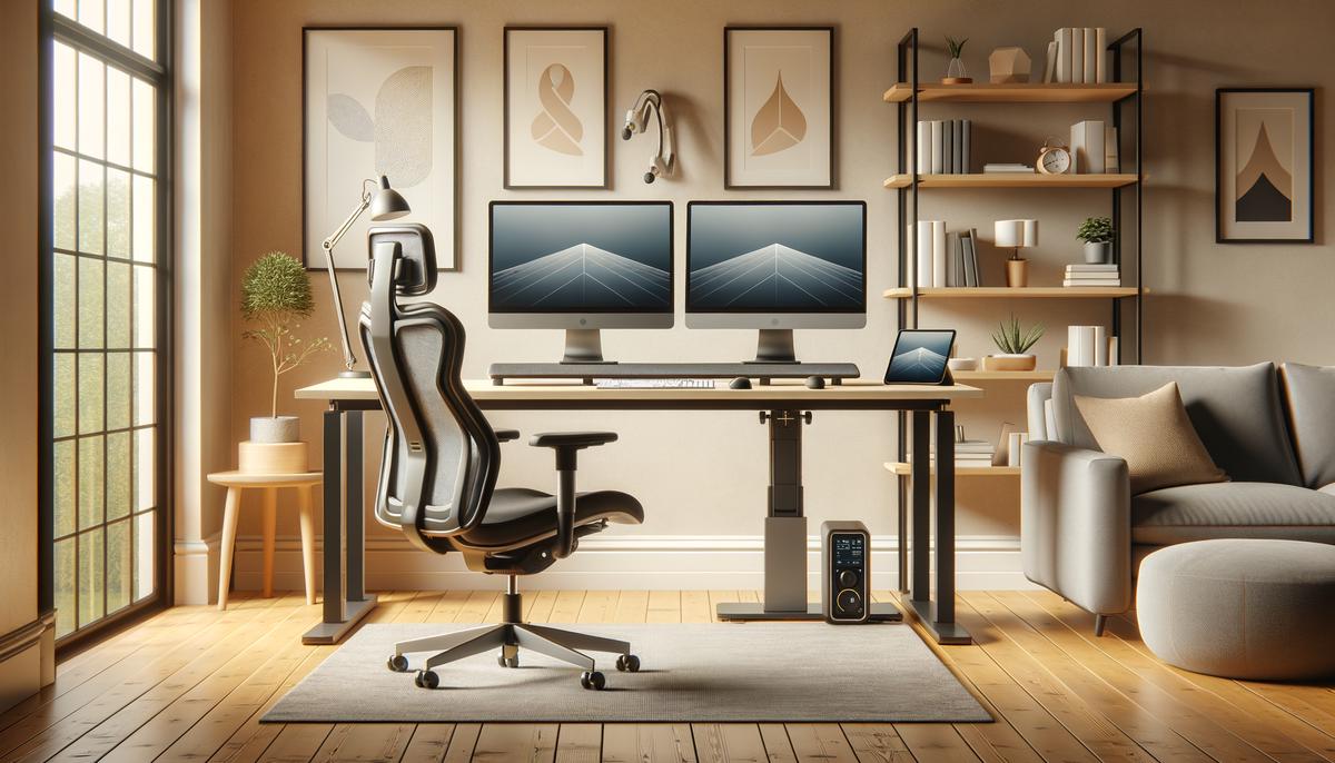 A well-equipped home office with dual monitors, ergonomic chair, and various tech gadgets