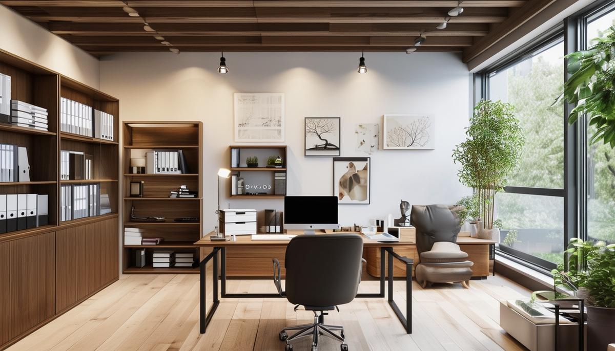 A well-designed home office with ergonomic furniture, good lighting, and a clutter-free environment