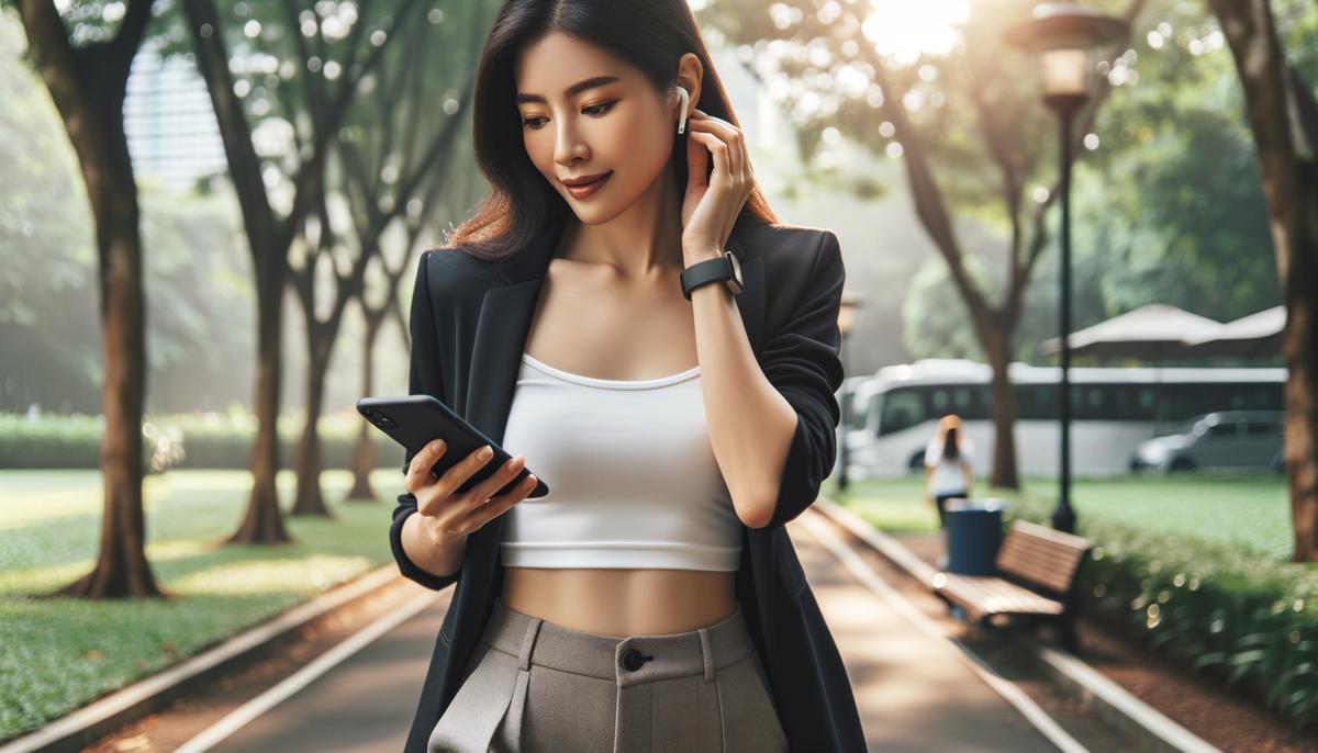 A person taking a work call while walking in a park