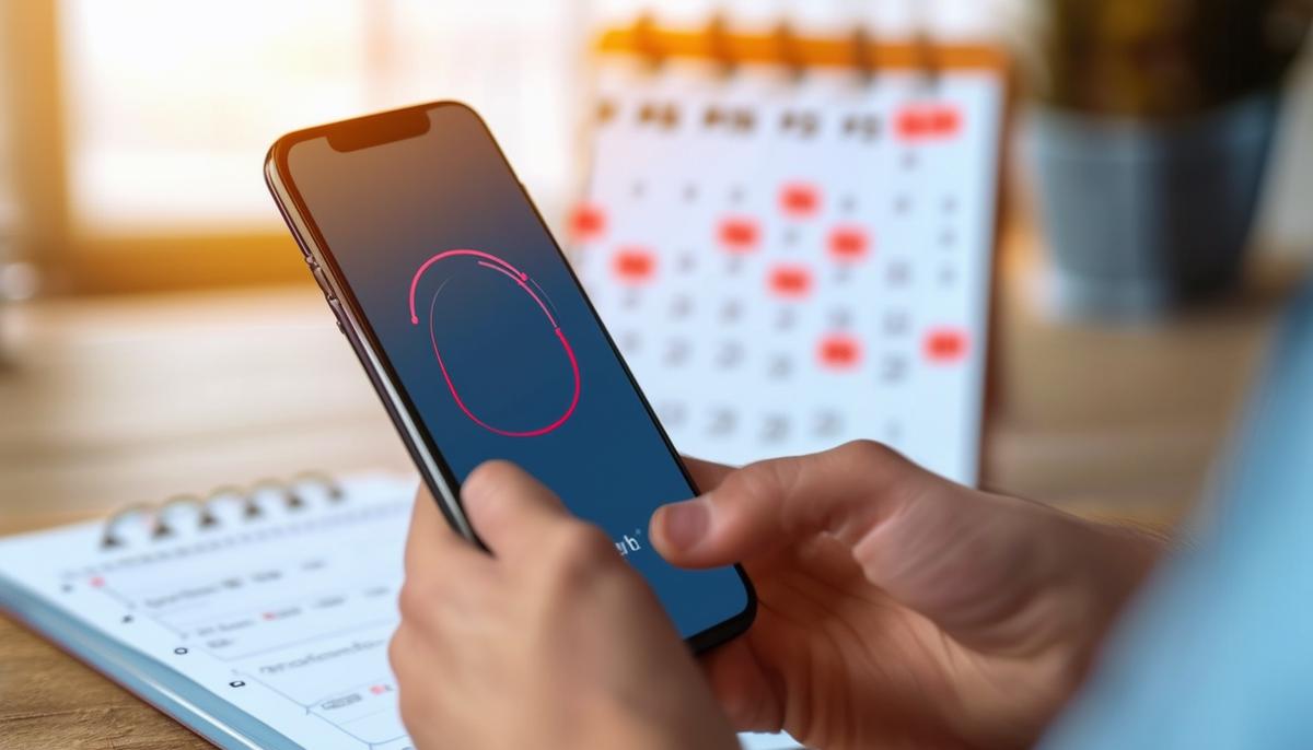 A person confidently turning off notifications on their smartphone while a calendar with clearly marked work hours is visible in the background