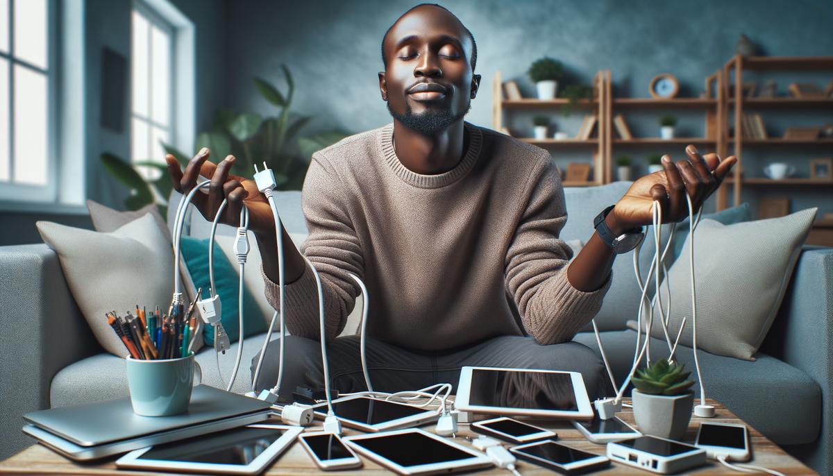 A person purposefully unplugging various electronic devices, with a peaceful expression on their face