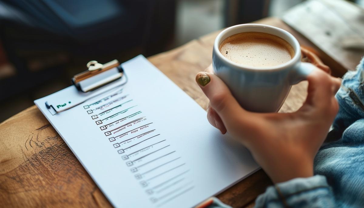 A person starting their workday with a cup of coffee and a to-do list