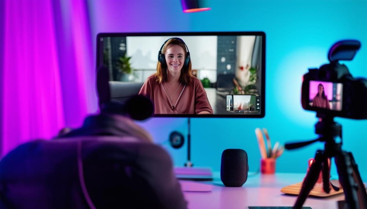 A person participating in a video call with proper lighting, headphones, and a well-positioned camera