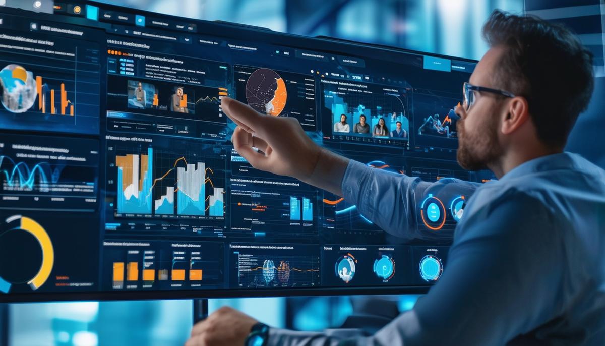 A project manager using a complex digital dashboard to oversee multiple remote teams and projects