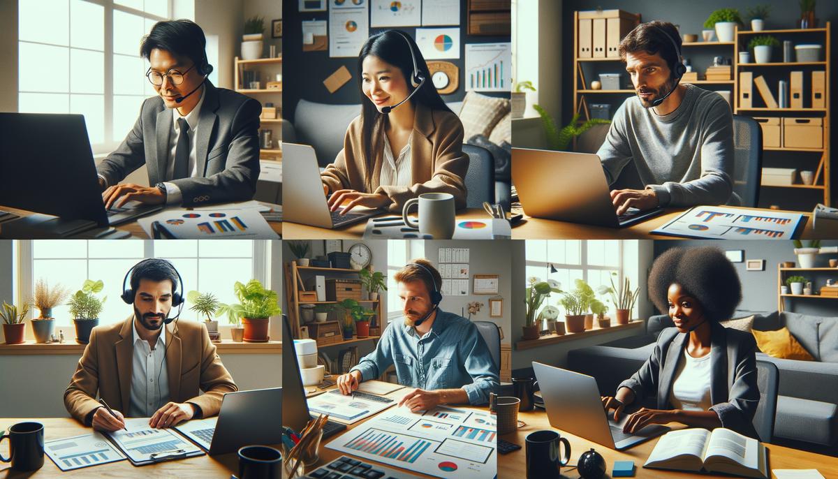 Business professionals engaged in remote work, representing various industries and job roles