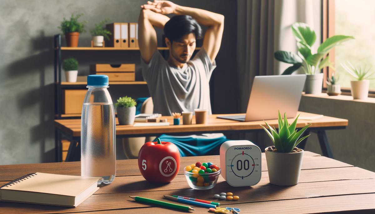 A remote worker implementing various self-care techniques throughout their workday