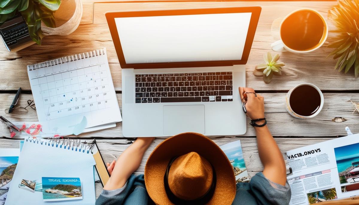 A happy person planning a vacation, surrounded by a laptop, calendar, and travel brochures