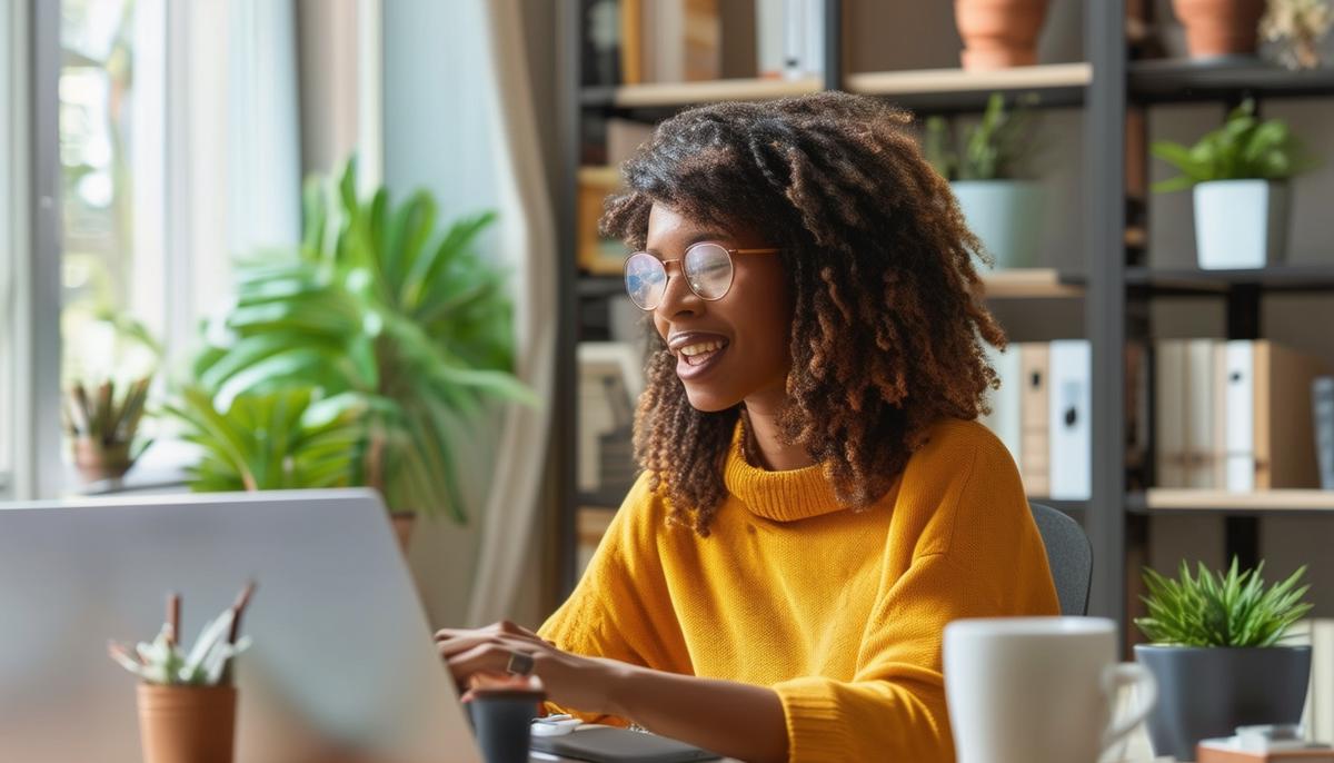 A remote worker engaging in various self-care activities in a home office setting