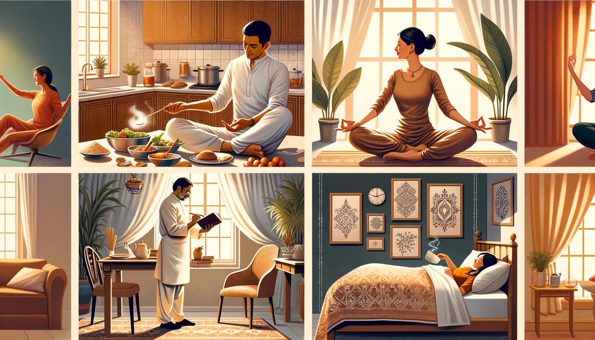 A collection of images showing various self-care activities: yoga, healthy meal preparation, reading, and sleeping