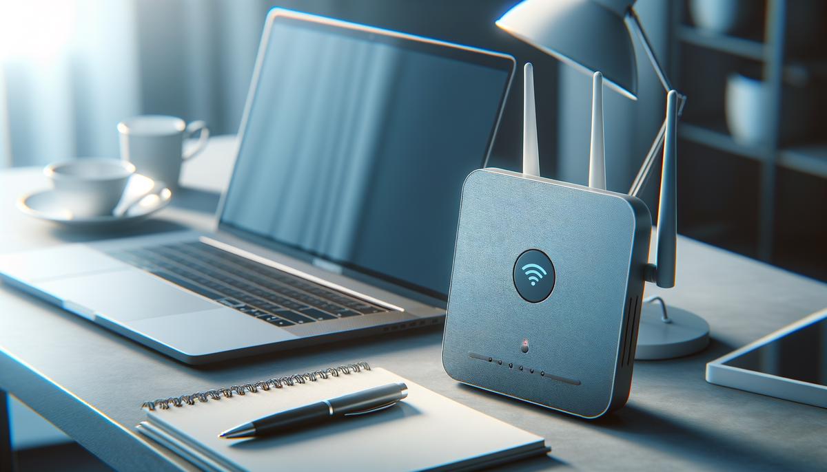 A modern router next to a laptop, illustrating internet connectivity for remote work
