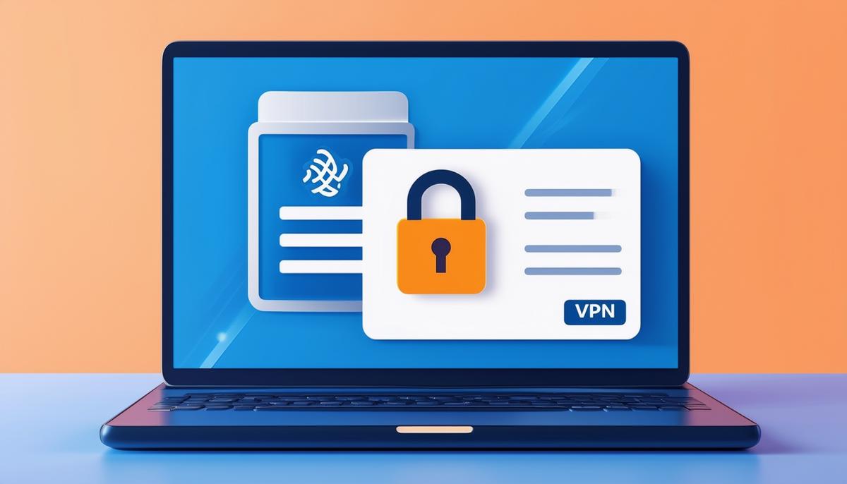 A laptop screen displaying a VPN connection interface with a padlock icon, representing secure remote access