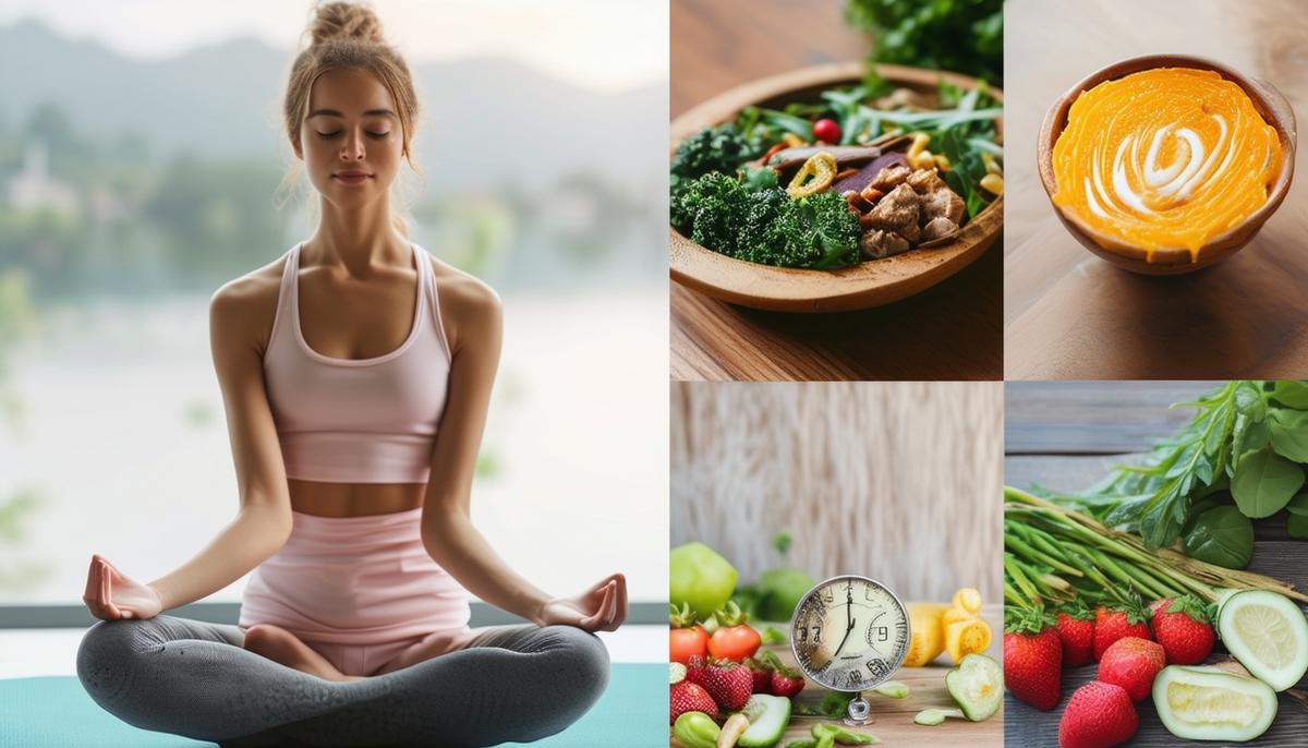 A collection of self-care activities including exercise, healthy food, and meditation