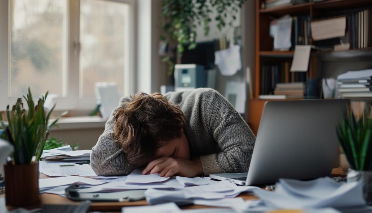 A visibly exhausted person slumped over a desk in a home office, surrounded by scattered papers and an open laptop