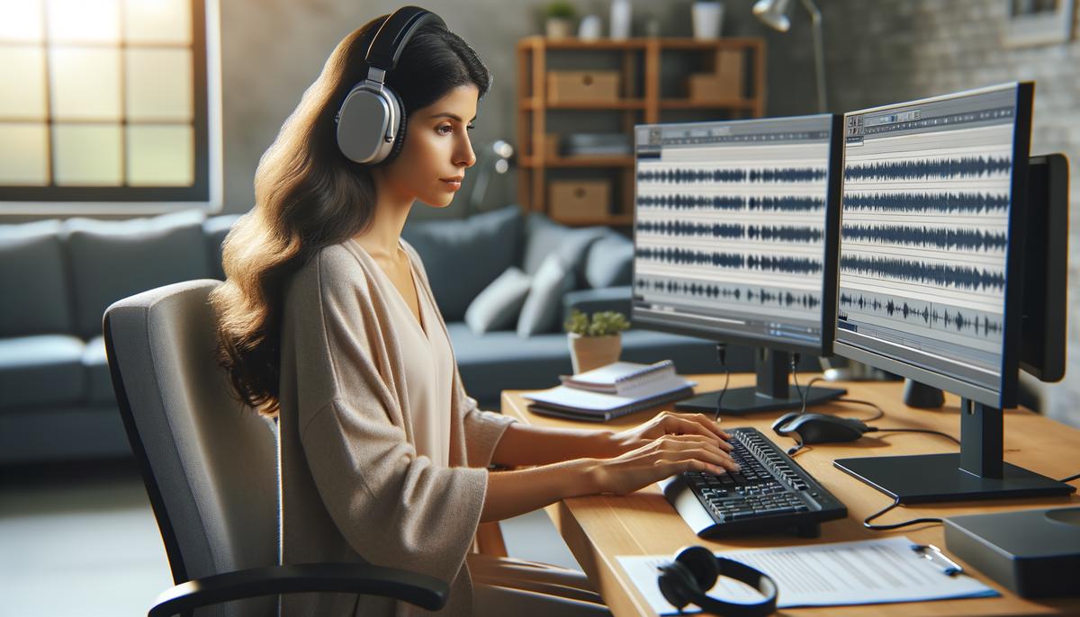 A focused transcriptionist working at a ergonomic home office setup