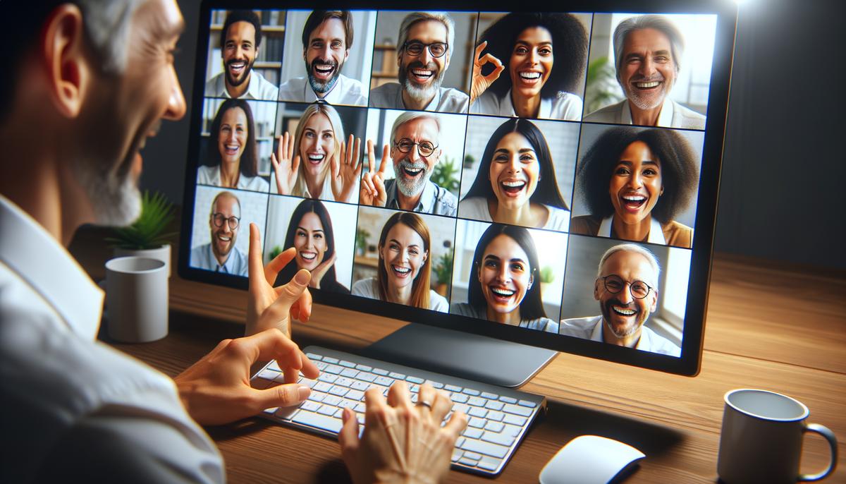A diverse group of people engaging in a lively virtual team meeting, with expressions of joy and connection