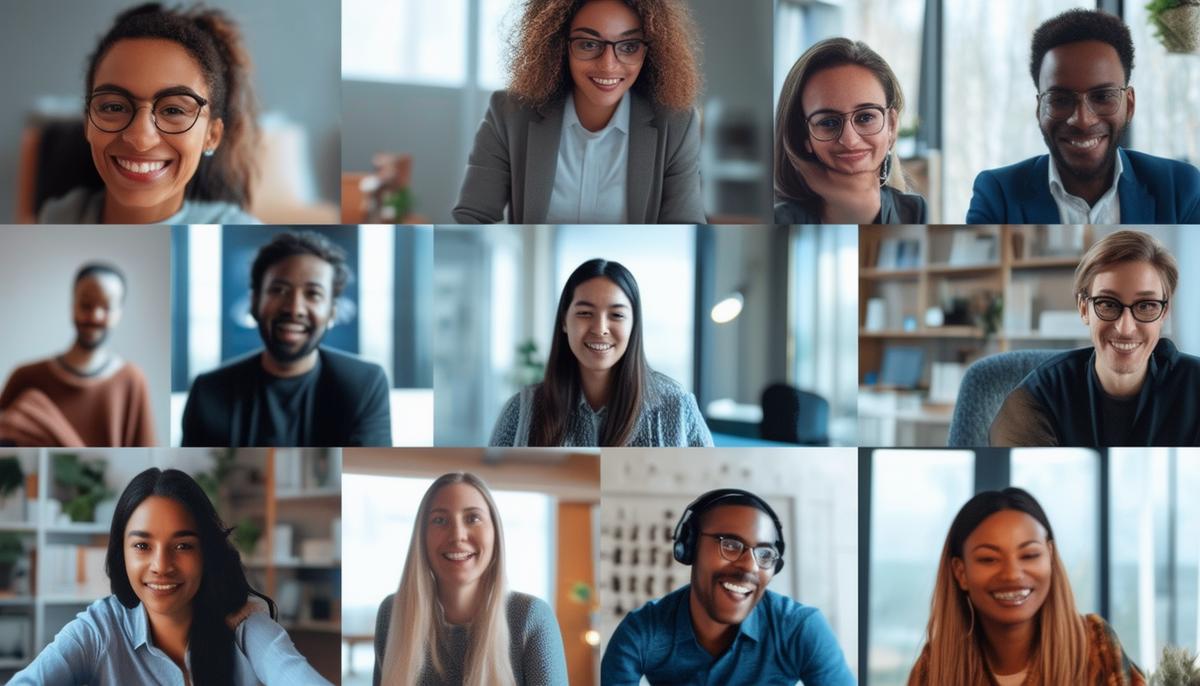 A diverse group of people engaged in a video conference, looking connected and collaborative