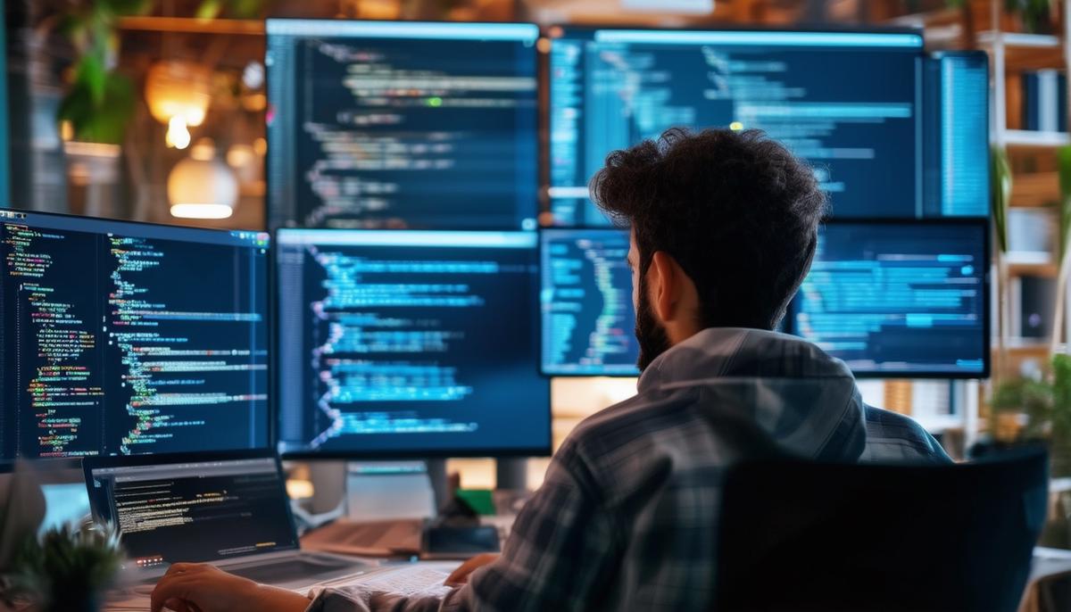 A web developer working on code with multiple screens displaying various programming languages and web designs