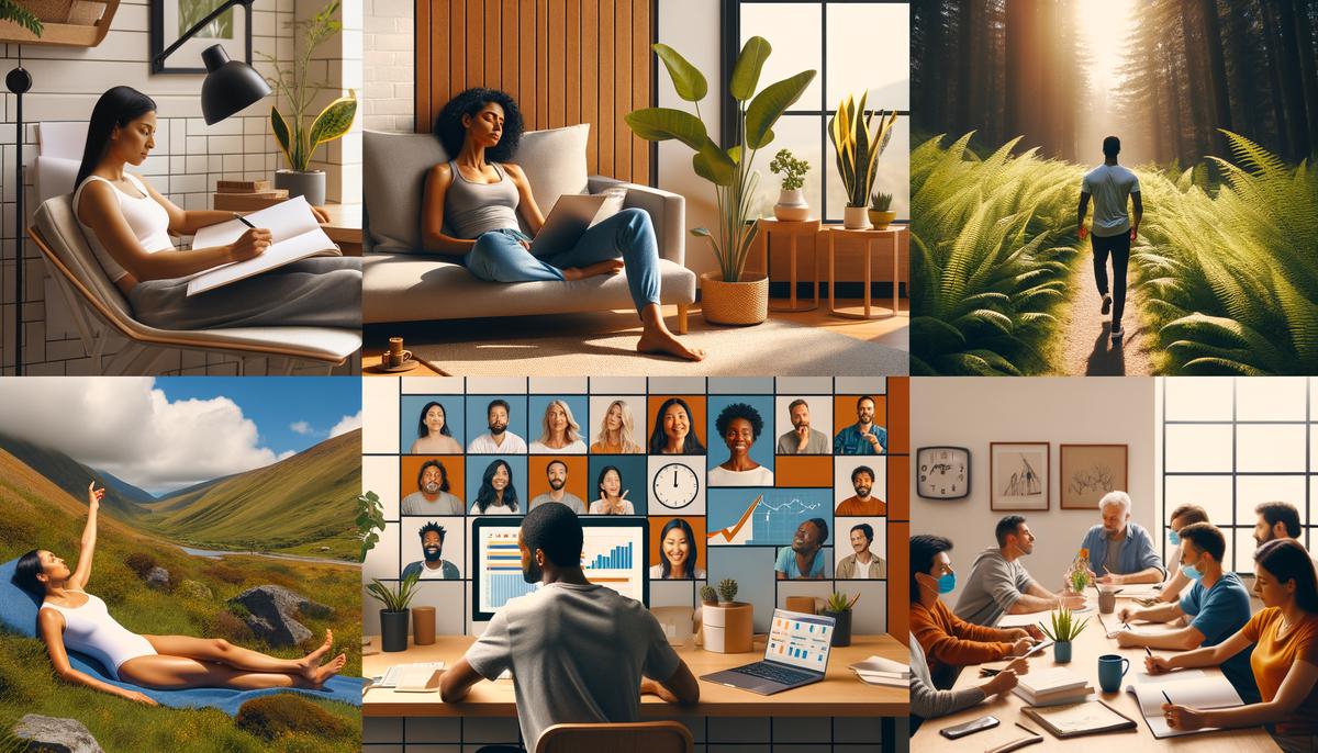 A collection of images representing various work-life balance strategies for remote workers and freelancers